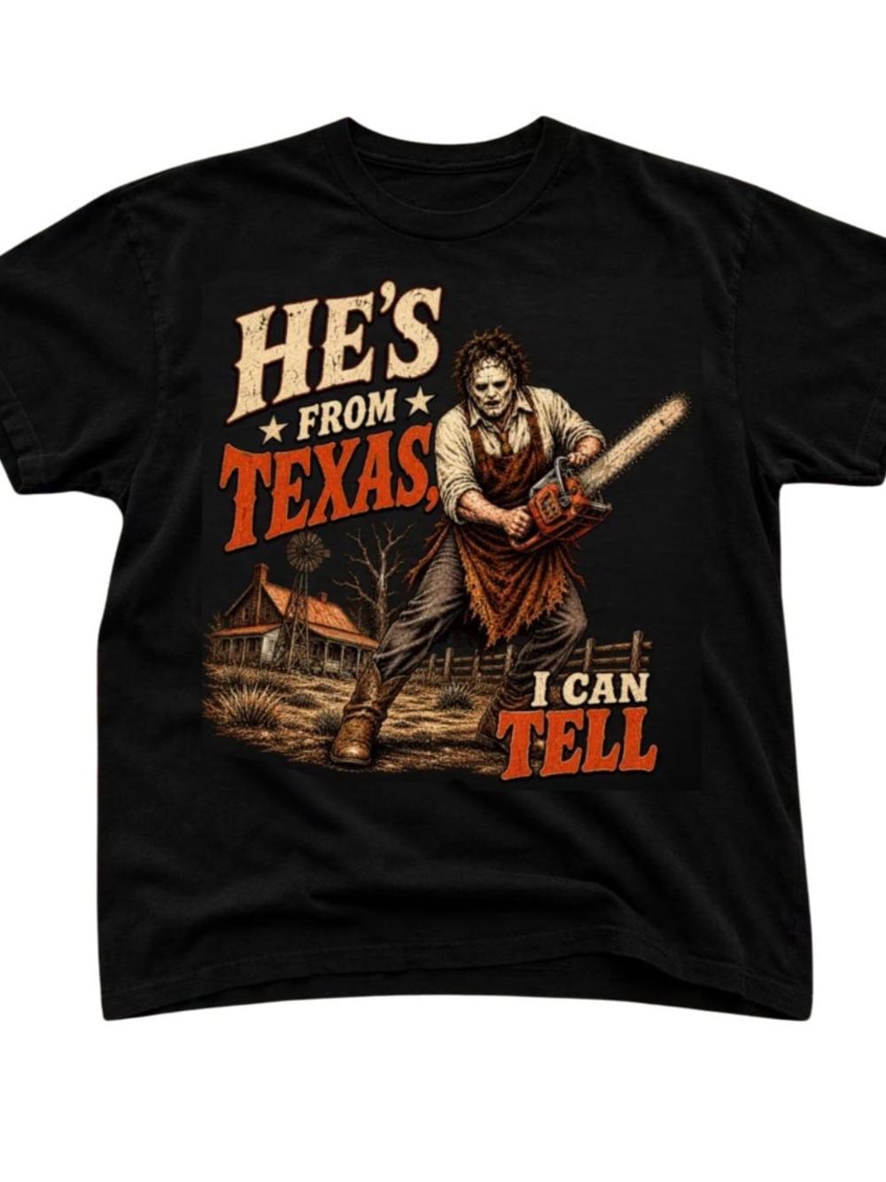 Black Graphic Tee with Orange and Cream He from Texas Print